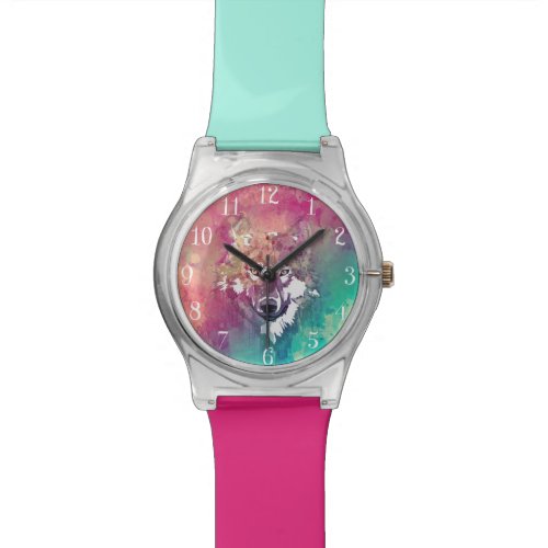 Pink And Turquoise Watercolor Artistic Wolf Wrist Watch