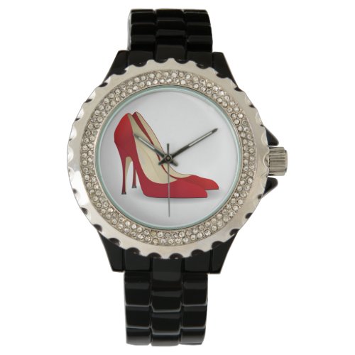 RED HIGH HEELS Rhinestone Black Enamel WATCH