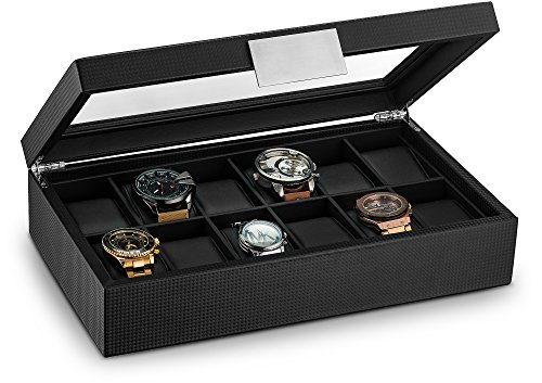 Glenor Co Watch Box for Men – 12 Slot Luxury Carbon Fiber Design Display Case, Large Holder, Metal Buckle – Black