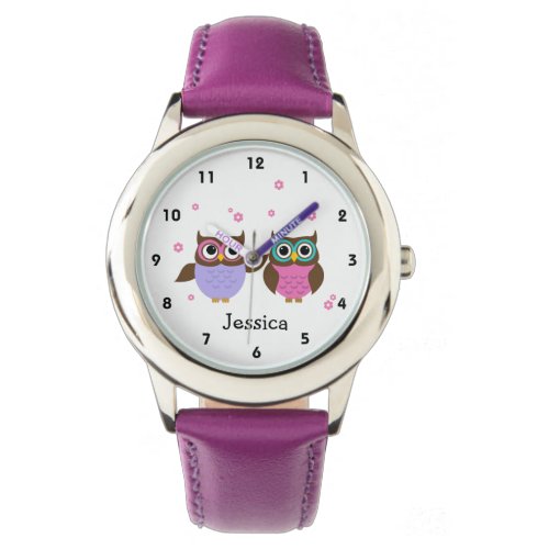 Cute Pink and Mauve Owls Personalized Girls Wristwatch