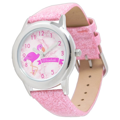 Tropical pink flamingo on marble with a banner watch