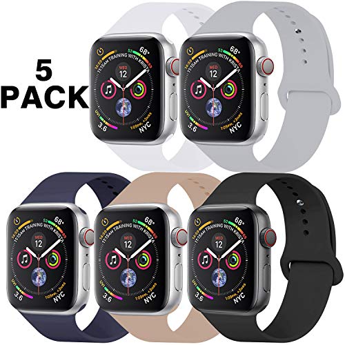 GZ GZHISY Pack 5 Sport Bands Compatible for Apple Watch Band 38mm 40mm, Soft Silicone Band Sport Strap Compatible for iWatch Series 5/4/3/2/1 (White/Gray/Black/Midnight Blue/Walnut, S/M)