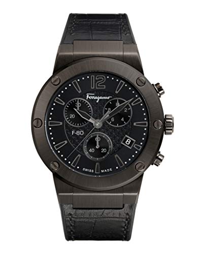 Salvatore Ferragamo Men’s F-80 Stainless Steel Swiss-Quartz Watch with Leather Calfskin Strap, Black, 22 (Model: FIJ030017)