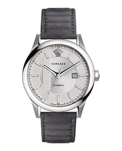 Versace Men’s AIAKOS Automatic Stainless Steel Swiss Watch with Leather Calfskin Strap, Grey, 12 (Model: V18010017)