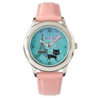 Oh La La Paris Cat With Eiffel Tower and Lights Wristwatch