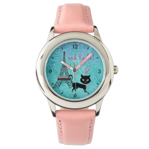 Oh La La Paris Cat With Eiffel Tower and Lights Wristwatch