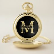 Black and Gold Personalized Monogram and Name Pocket Watch