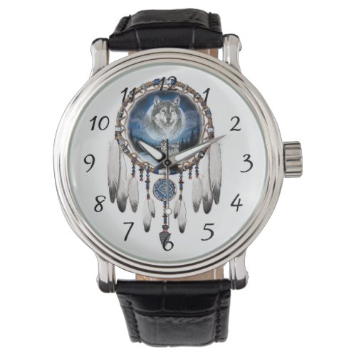 Dream Catcher with wolf background Wrist Watch