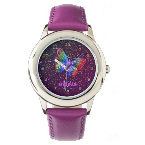 Girls Purple Butterfly Glitter Personalized Name Watch