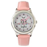 Girls Cute Floral Panda Bear and Name Kids Watch