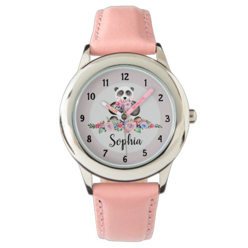 Girls Cute Floral Panda Bear and Name Kids Watch