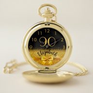 90th birthday ninetieth chic gold bow black name pocket watch