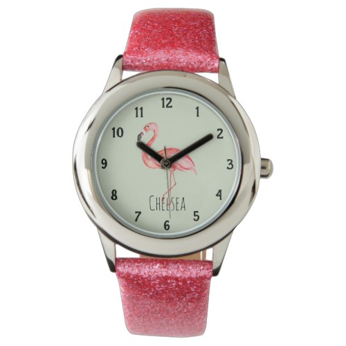 Girls Tropical Watercolor Flamingo and Name Kids Watch