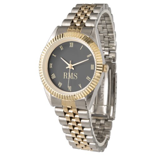 Custom Black Monogrammed Gold Silver Tone Bracelet Wristwatch