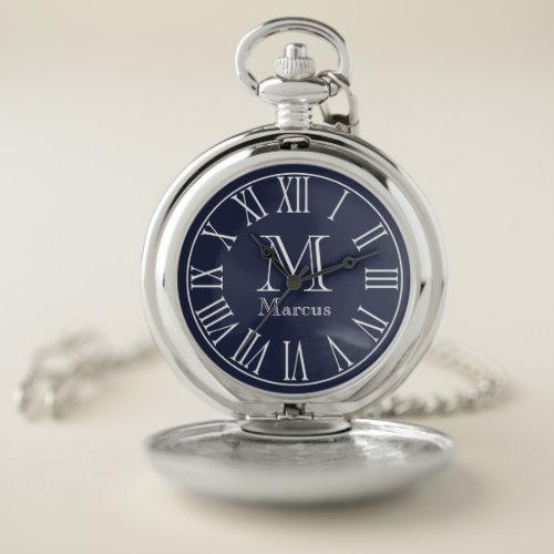 Modern White &amp; Navy Blue with Custom Name Pocket Watch