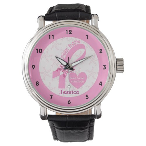Pink Ribbon Breast cancer survivor &amp; pink border Wristwatch
