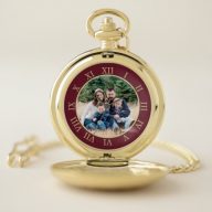 Burgundy &amp; Faux Gold Roman Numbers Custom Photo Pocket Watch
