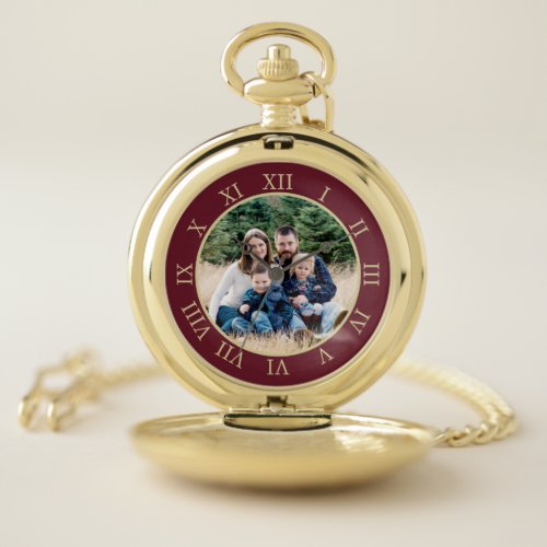 Burgundy &amp; Faux Gold Roman Numbers Custom Photo Pocket Watch