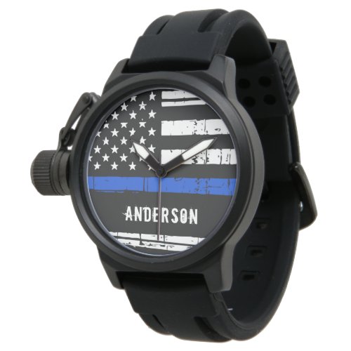 Personalized Thin Blue Line American Flag Police Watch
