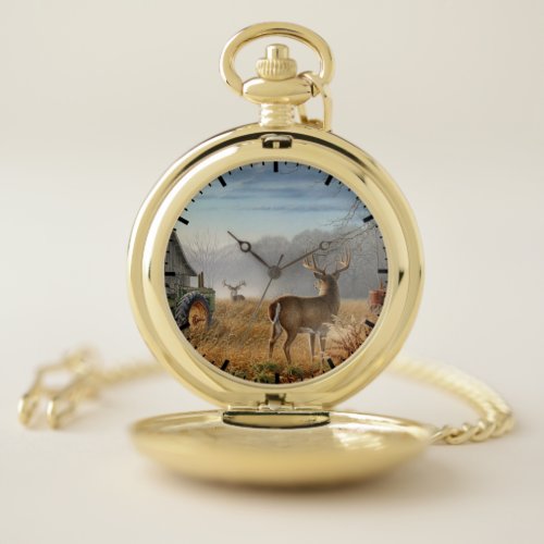 Big Buck  Deer Showdown On The Farm Pocket Watch