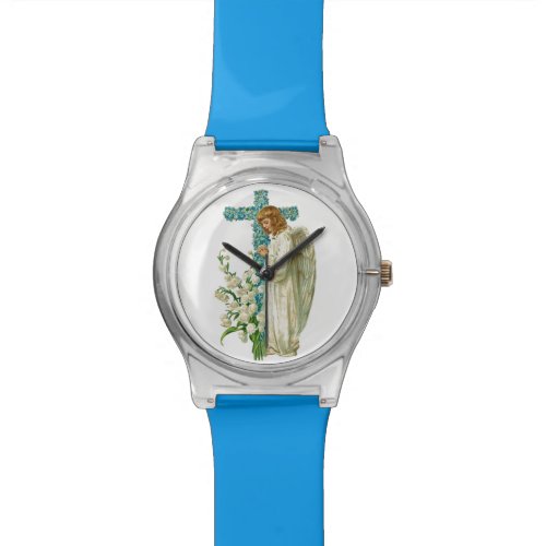 Blue Flowered Christian Cross Watch