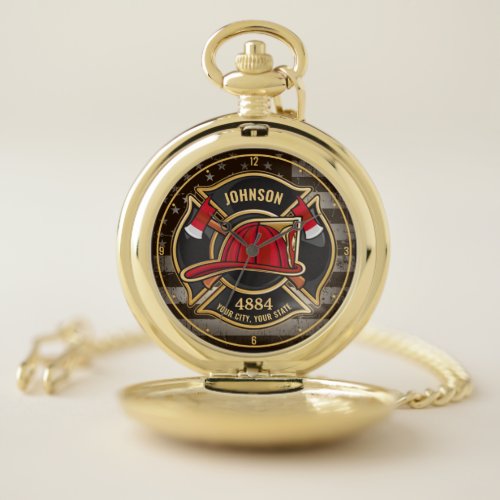 Firefighter NAME Fireman Fire Department USA Flag  Pocket Watch