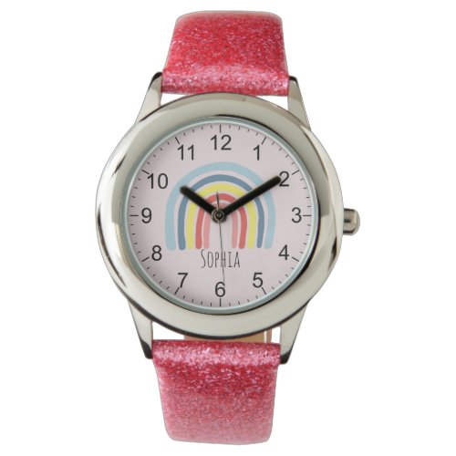 Girls Cute Pink Boho Rainbow and Name Kids Watch