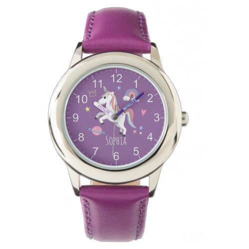 Girls Cute Purple Unicorn Rainbow &amp; Name Kids Watch