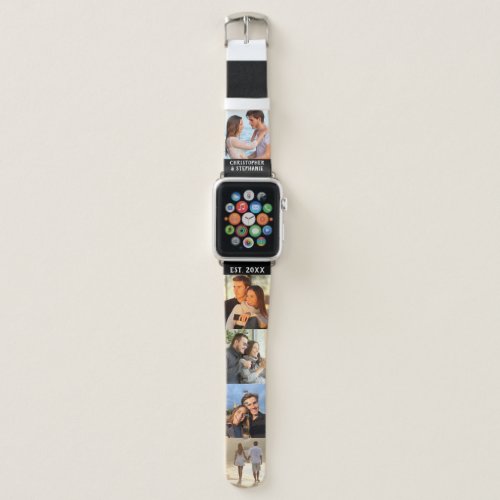 Personalized Names Date Photo Collage Black White Apple Watch Band