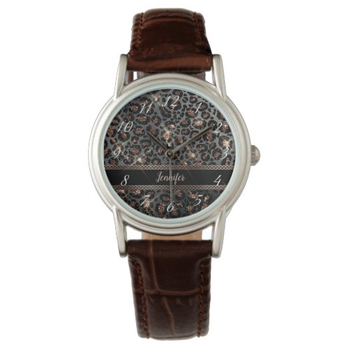 Personalized Trendy Leopard Black Gold Glitter     Watch