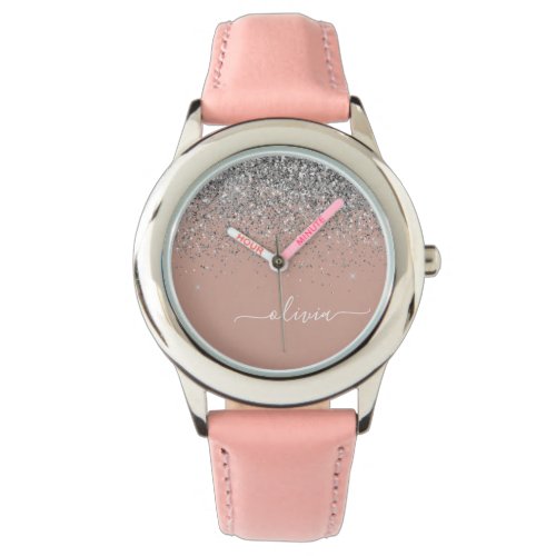 Rose Gold Blush Pink Silver Glitter Monogram Girly Watch