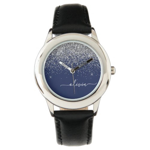 Silver Navy Blue Girly Glitter Sparkle Monogram Watch