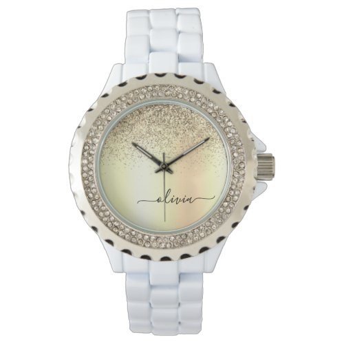 Gold Glitter Girly Luxury Modern Monogram Name Watch