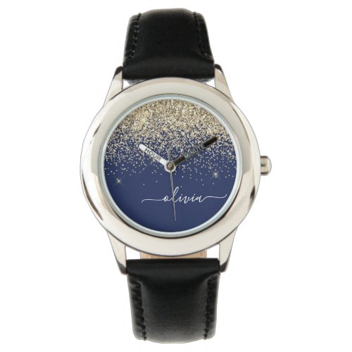 Gold Navy Blue Glitter Script Monogram Girly Name Watch