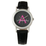 Hot Pink Black Script Girly Monogram Name Watch