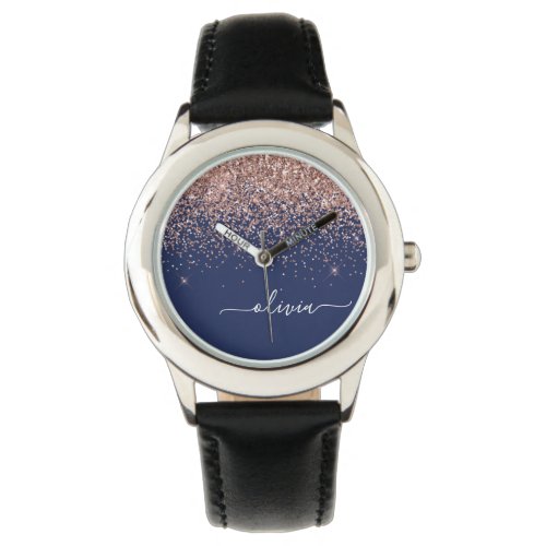 Navy Blue Rose Gold Blush Pink Glitter Monogram Watch