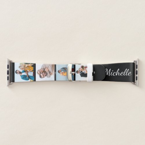 Personalized Name 4 Photo Collage Black and White Apple Watch Band