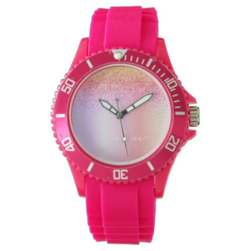 Rainbow Pastel Girly Glitter Metal Monogram Name Watch