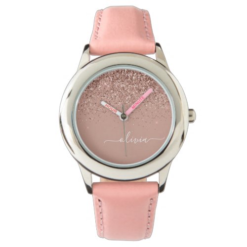 Rose Gold Blush Pink Glitter Script Monogram Girly Watch