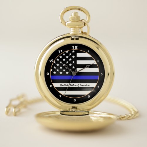 Thin Blue Line &amp; American Flag police / USA office Pocket Watch