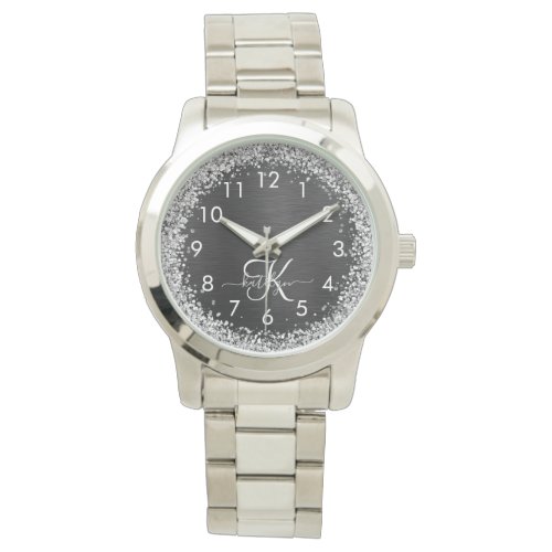 Custom Silver Glitter Black Sparkle Monogram Watch