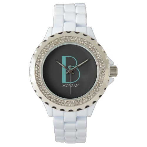 DIY Large Monogram &amp; Name, Teal/White Text, Black Watch
