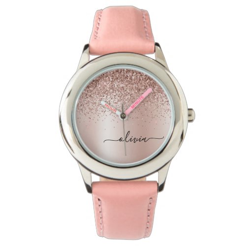 Rose Gold – Blush Pink Glitter Metal Monogram Name Watch