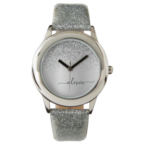 Silver Glitter Sparkle Glam Metal Monogram Name Watch