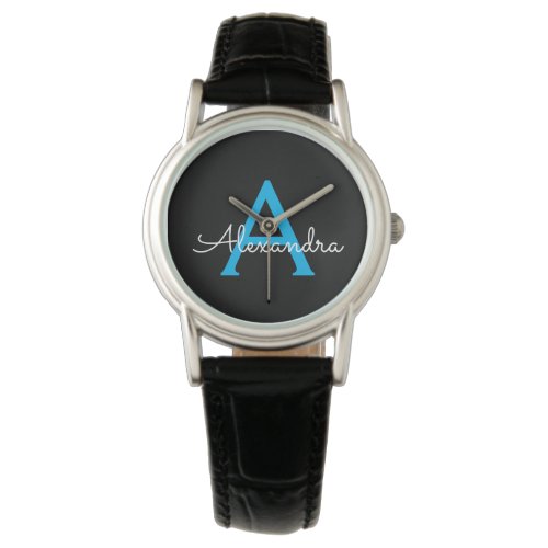 Blue Black Script Girly Monogram Name Watch