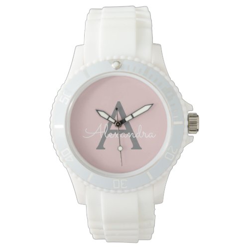 Blush Pink Grey Modern Script Girly Monogram Name Watch