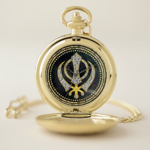 Decorative Khanda symbol with gemstones &amp; gold Pocket Watch