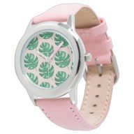 Modern Watercolor Leaves Pink &amp; Green Pattern Watch