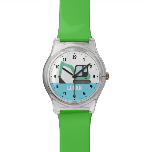 Green Excavator Construction Vehicle Kids Name Watch