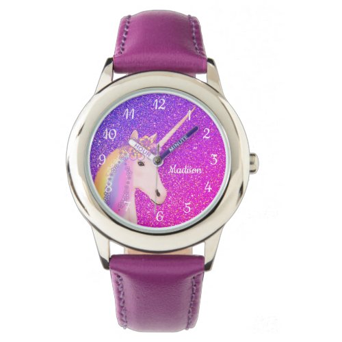 Personalized Purple Pink Glitter Unicorn Kids Watch